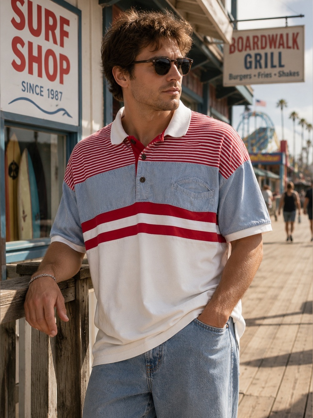 Vintage Pandemonium Men’s Colorblock Polo Shirt LT Chambray 90s Blokecore Rugby